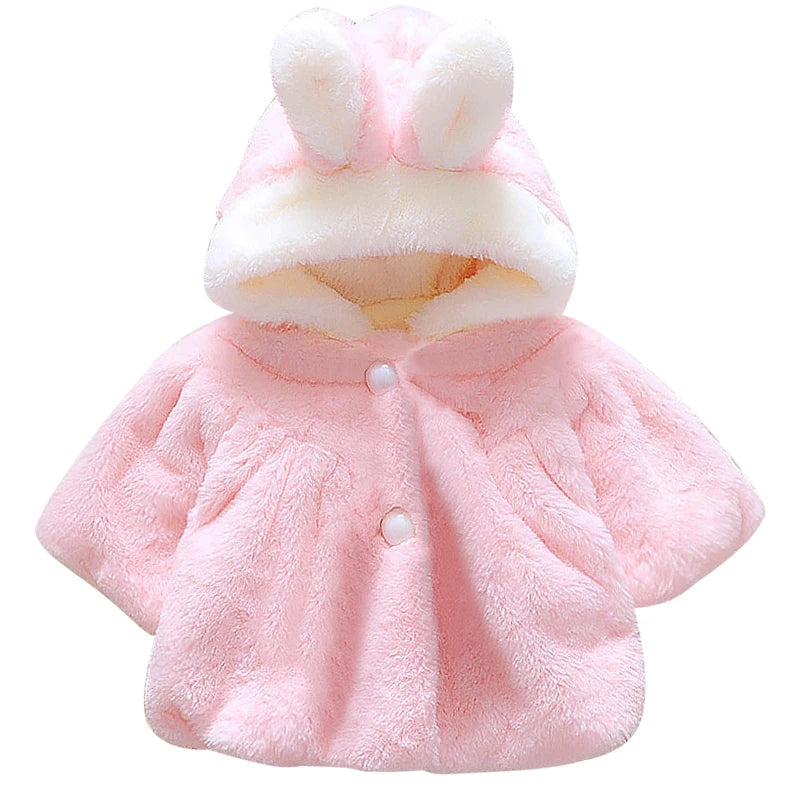 Winter Kids Jacket Newborn Girls Clothes Korean Cartoon Cute Hooded Thick Warm Fake Fur Fleece Pink Baby Tops Toddler Coat BC719