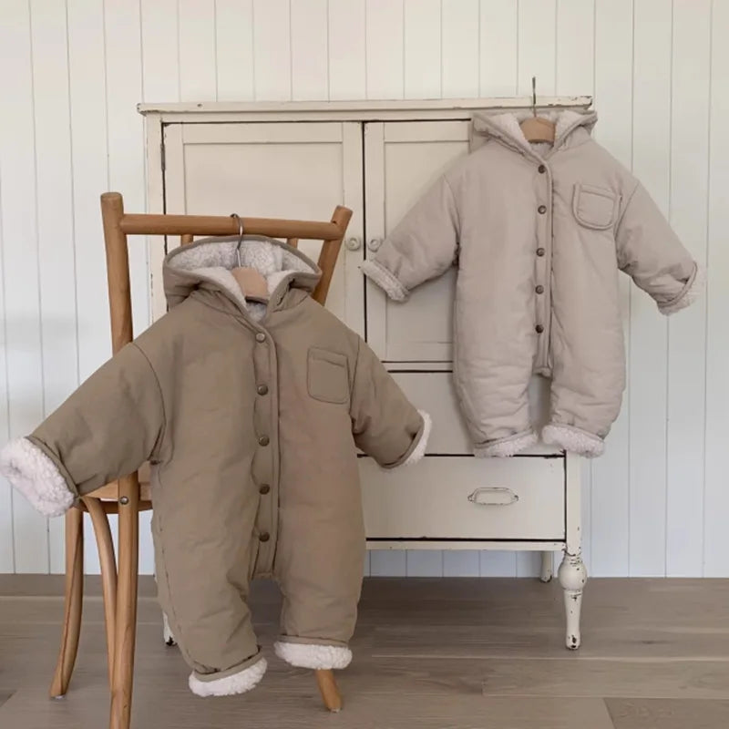 2025 Winter New Baby Fleece Hooded Romper Solid Infant Boy Lamb Cashmere Jumpsuit Plus Velvet Thick Toddler Girl Warm Clothes