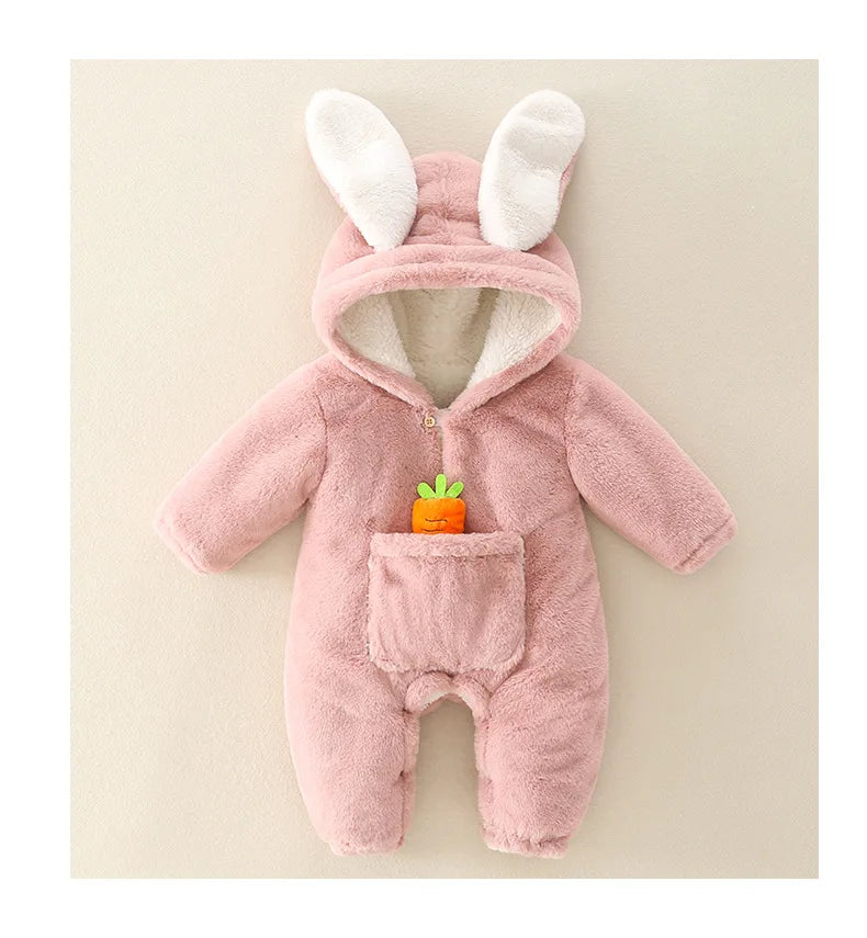 ZOETOPKID Baby Rompers Winter Warm Coral Fleece Newborn Boys Girls Clothes Cartoon Rabbit Coats Infant Jumpsuit Animal Overalls