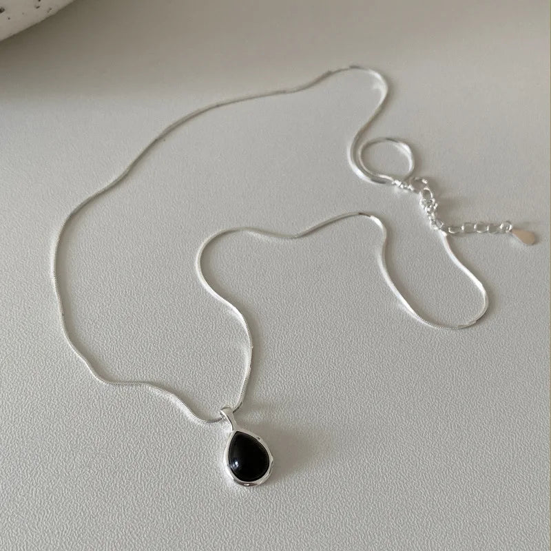 VENTFILLE  925 Sterling Silver Black Agate Necklace for Women Girl Snake Bone Chain Water Drop Jewelry Gift Dropshipping