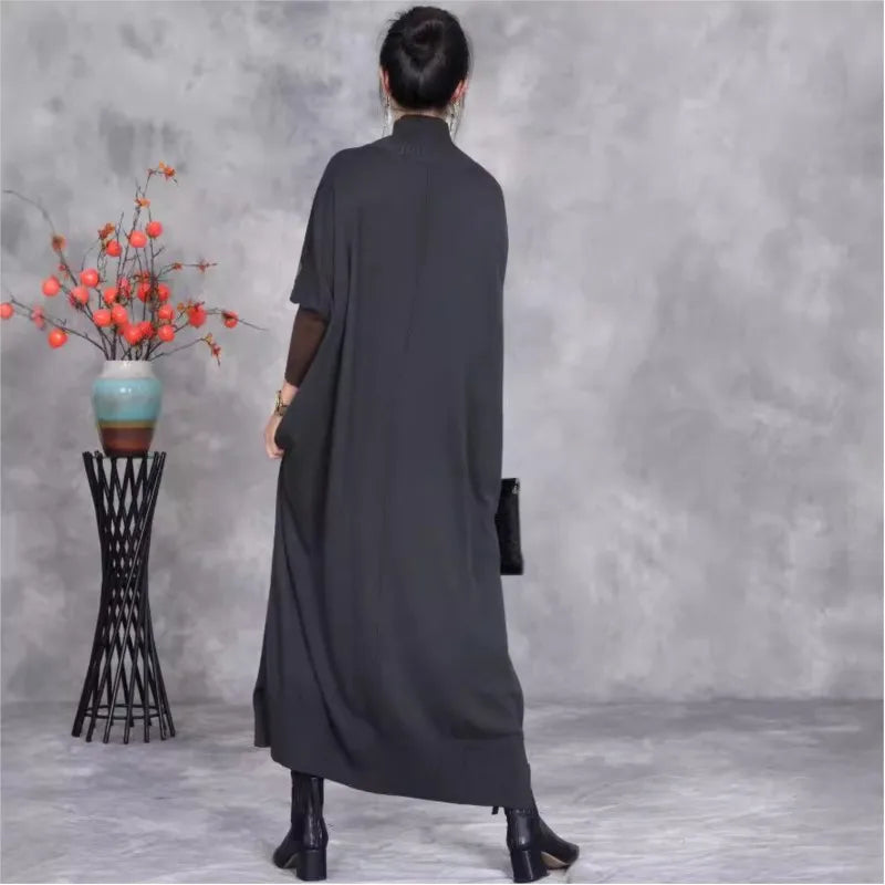 Johnature 2025 Woman Autumn New Fashion Mock Neck Loose Long Sleeves Dress Chinese Style Contrast Batwing Sleeve Casual Dress