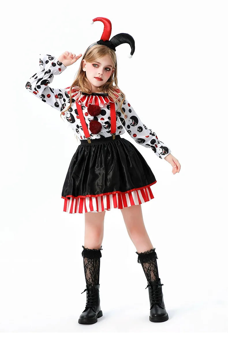 Halloween Cosplay Costumes Horror Clown Dresses Pants Headwear Clothes Sets Carnival Theme Party Role Playing Outfits for Girls