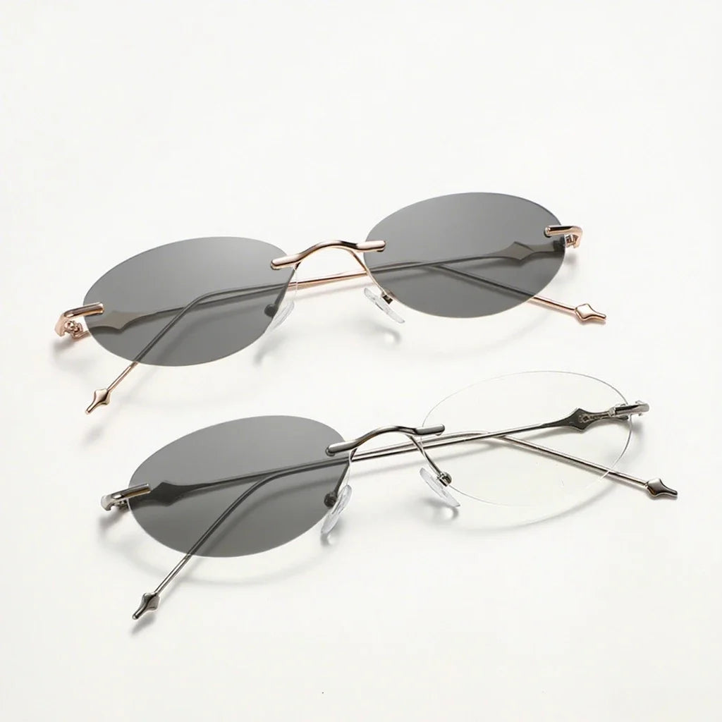 New Photosensitive Color Changing Myopia Glasses Retro Oval Frameless Anti Blue Light Goggles for Men and Women Reading Glasses