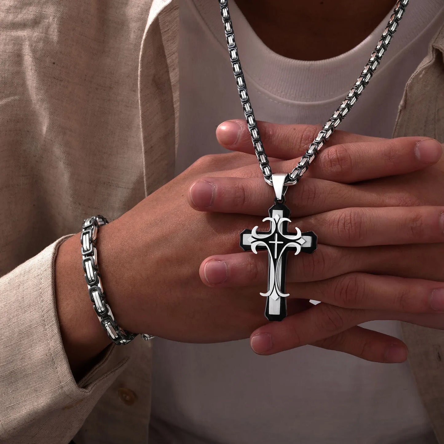 Mens Cross Pendant Necklace Sets,Two Tone Stainless Steel Byzantine Bracelets,Punk Jewelry Sets Gift to Husband Father Dad BBF