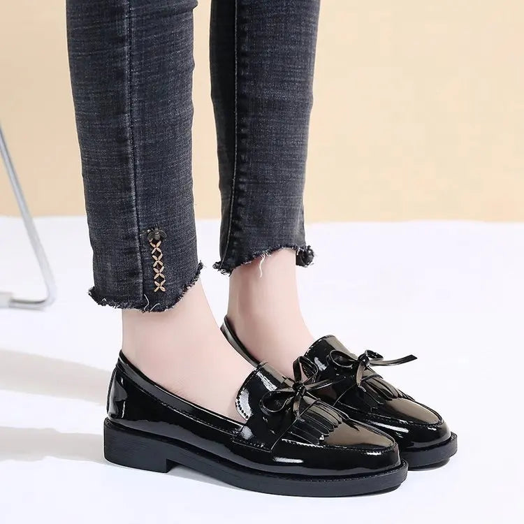 Black Patent Leather Women's Loafers Platform Slip on Shoes for Women 2025 New Spring British Tassel Casual Flats Shoes Woman