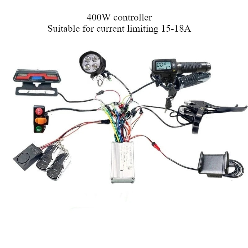 E-Bike Scooter Controller Kit 48V-60V 400W 15-18A Compatible Full Wire Harness for Electric Bicycle Conversion Braking System
