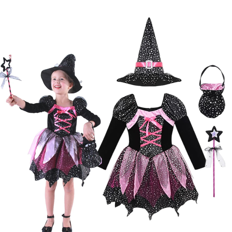 2026 Girls Halloween Cosplay Witch Dress With Hat Bag Costume Carnival Vestidos Kids Party Cosplay Dress Children Costume