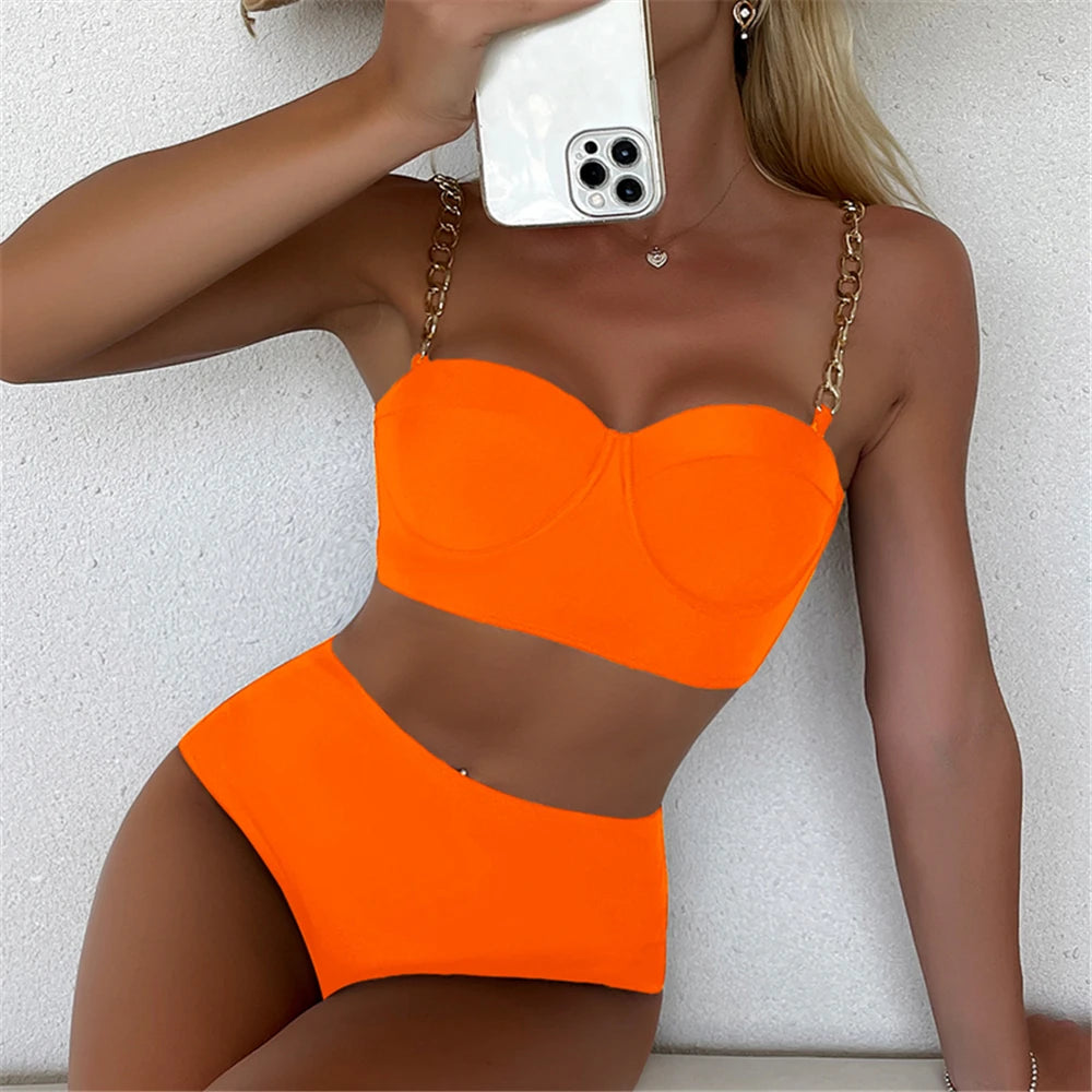 Chain Strap Bikinis 2026 Women Solid Push Up Swimsuit High Waist Swimwear Female Sexy Bathing Suit Swimming Summer Beachwear