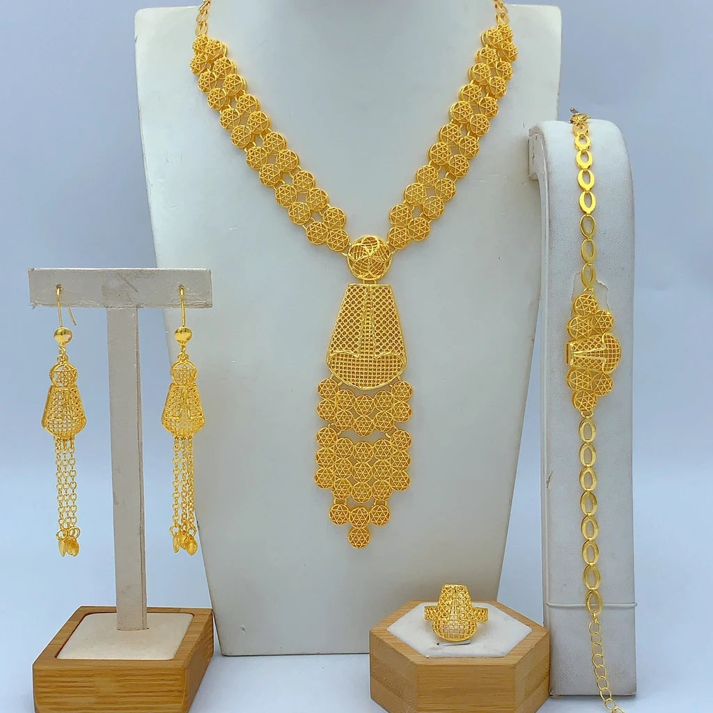 Ethiopian 24K Gold Color Jewelry Set For Women Bridal Nigerian Dubai Big Necklace Bracelet Earring Ring Sets Party Gift