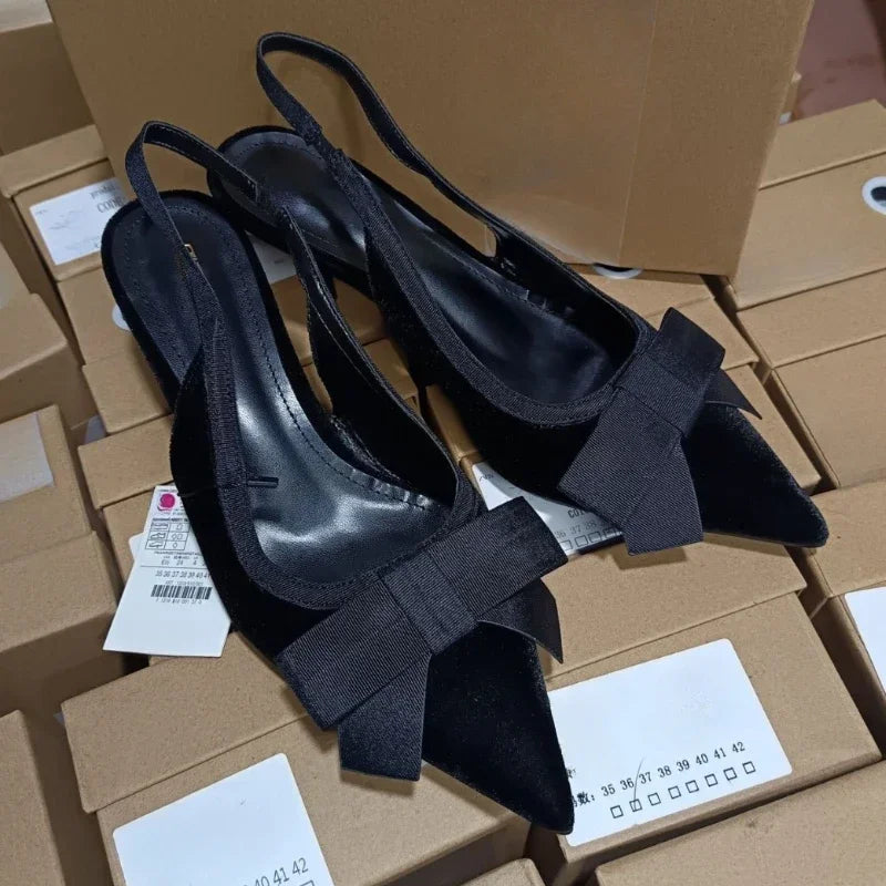 NEW Butterfly-knot Pointed Toe Brand Mules Pumps Women Fashion Elegant Slingbacks Dress Shoes Design Thin Heels Sandals Women