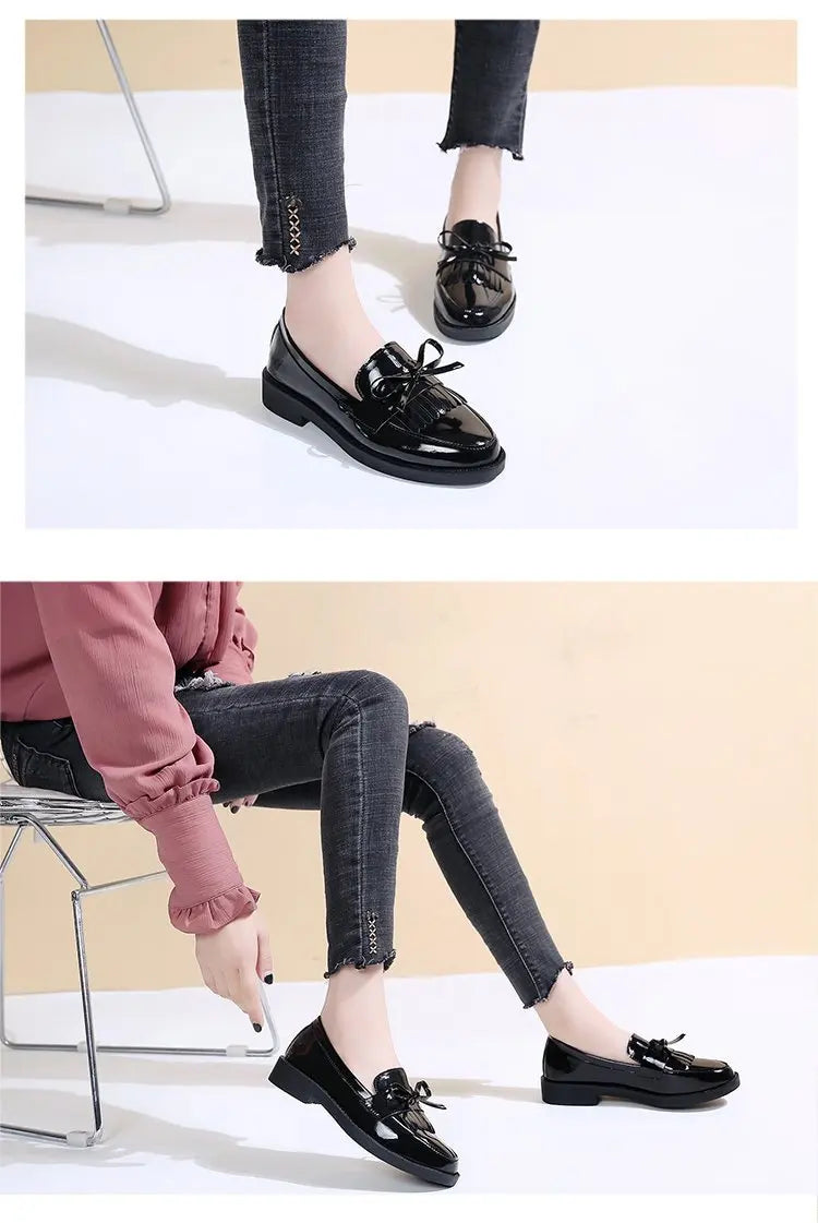 Black Patent Leather Women's Loafers Platform Slip on Shoes for Women 2025 New Spring British Tassel Casual Flats Shoes Woman