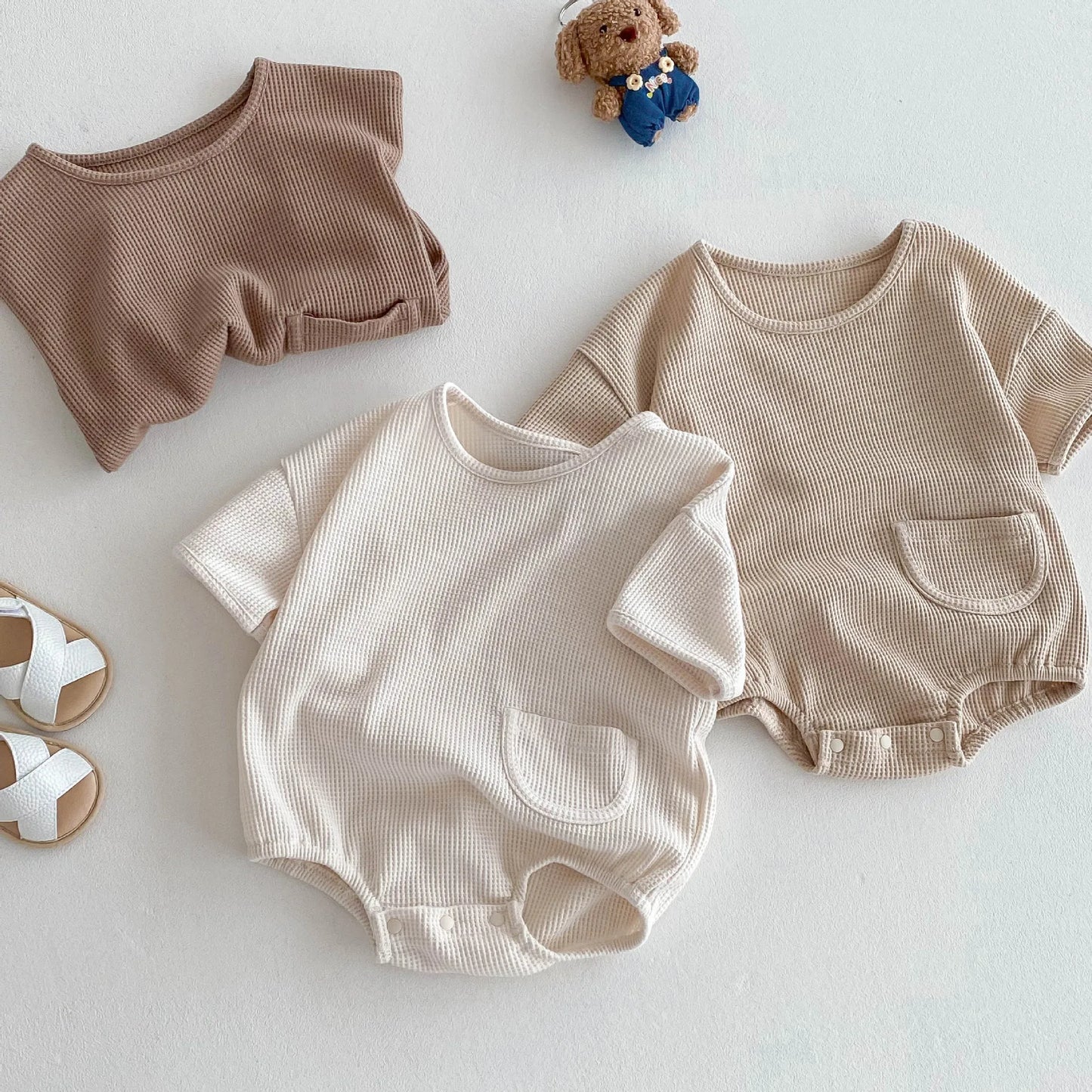 New Korean Style Baby Summer Cotton Simple Comfortable Short - Sleeve Waffle - Knit Onesie with Small Pocket Decoration Romper
