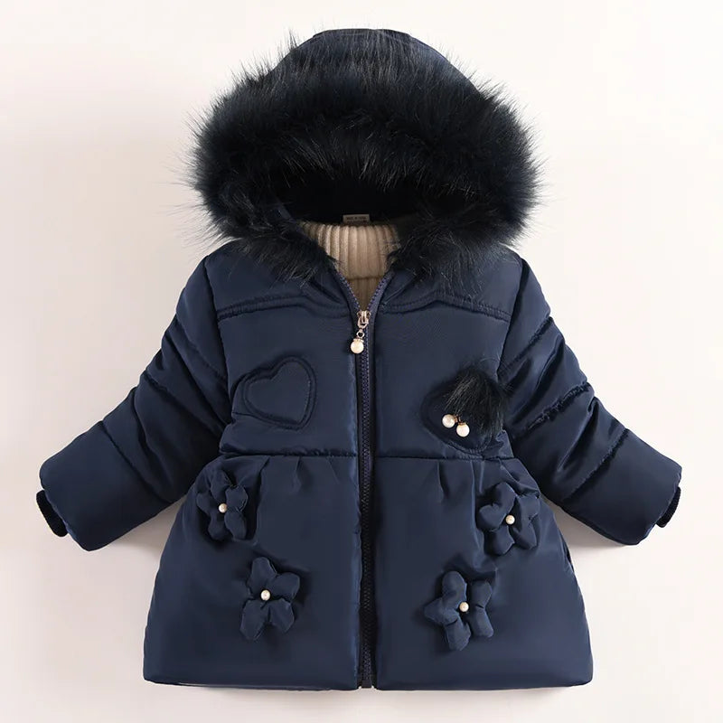 1-5 Years Flowers Autumn Winter Girls Jacket Fur Collar Keep Warm Little Princess Coat Hooded Zipper Baby Outerwear Kids Clothes
