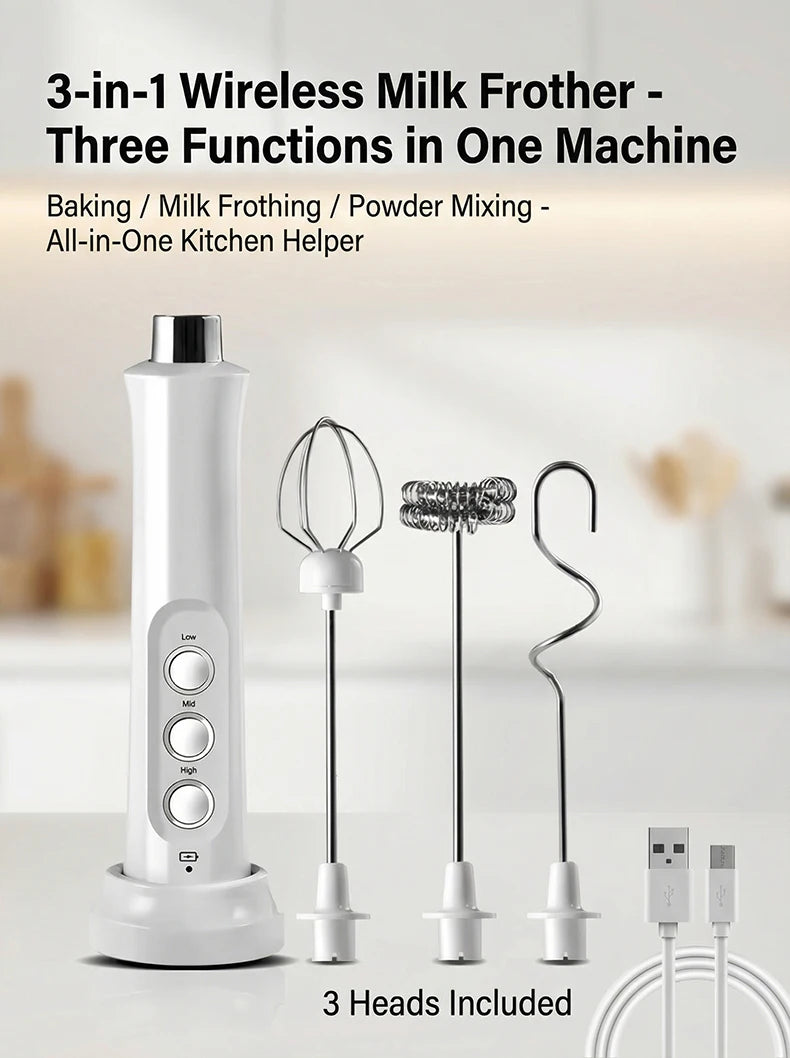 Handheld Wireless Rechargeable Electric Milk Frother 3 Speeds USB Rechargeable Foam Maker for Latte Cappuccino Hot Chocolate
