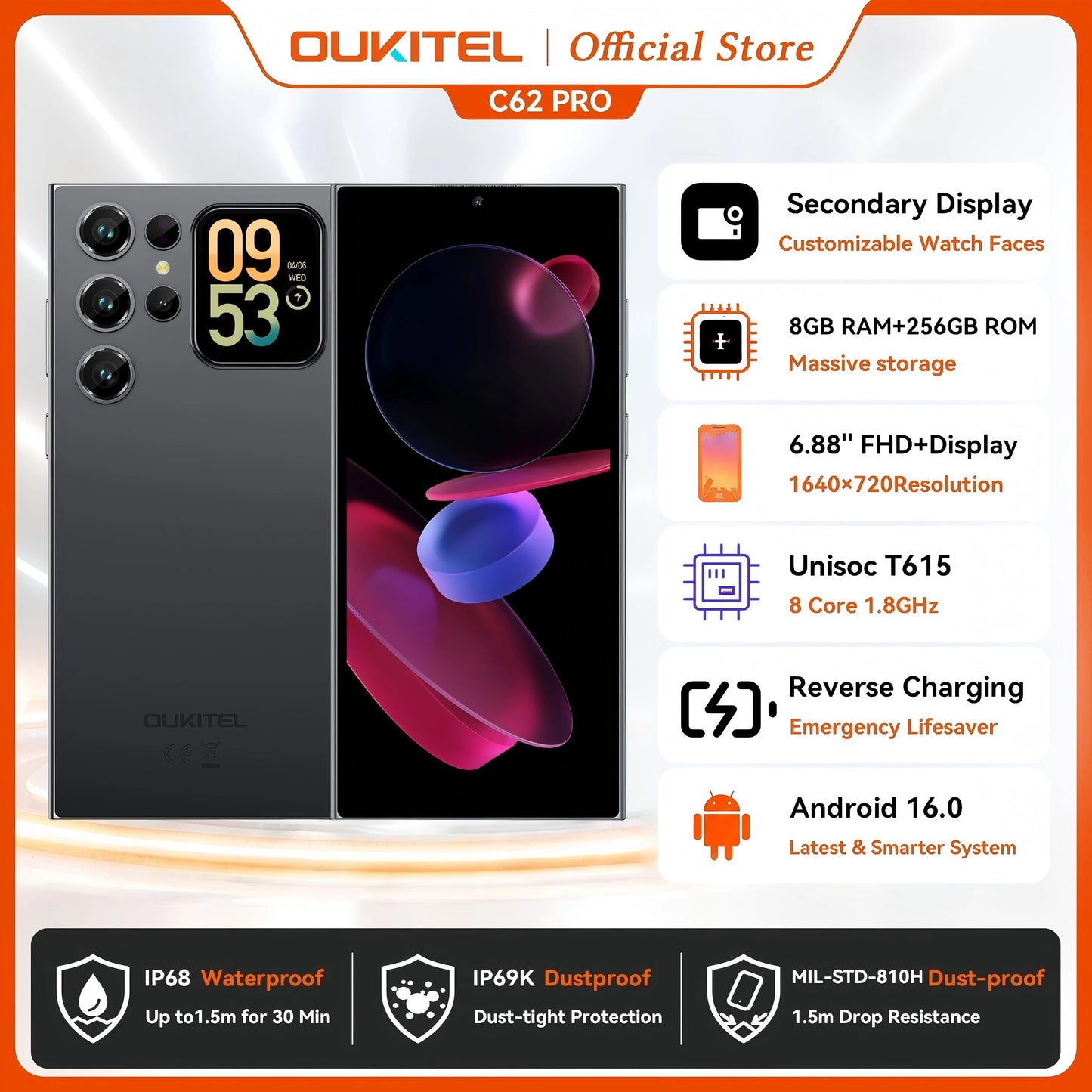 OUKITEL C62 Pro NFC Smartphone Android 15, 6.88" HD+ 1.81" Sub Screen Unisoc T615 Cell Phone, 24GB (8+16) + 256GB, 5150mAh
