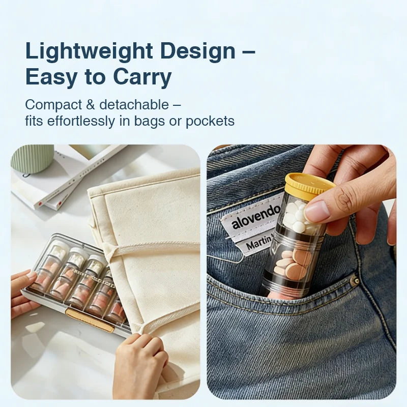 Portable Rotary Pill Box with Independent Mini Bottles, Leak-proof & Moisture-proof Travel Medicine Organizer, Secure Seal Weekl