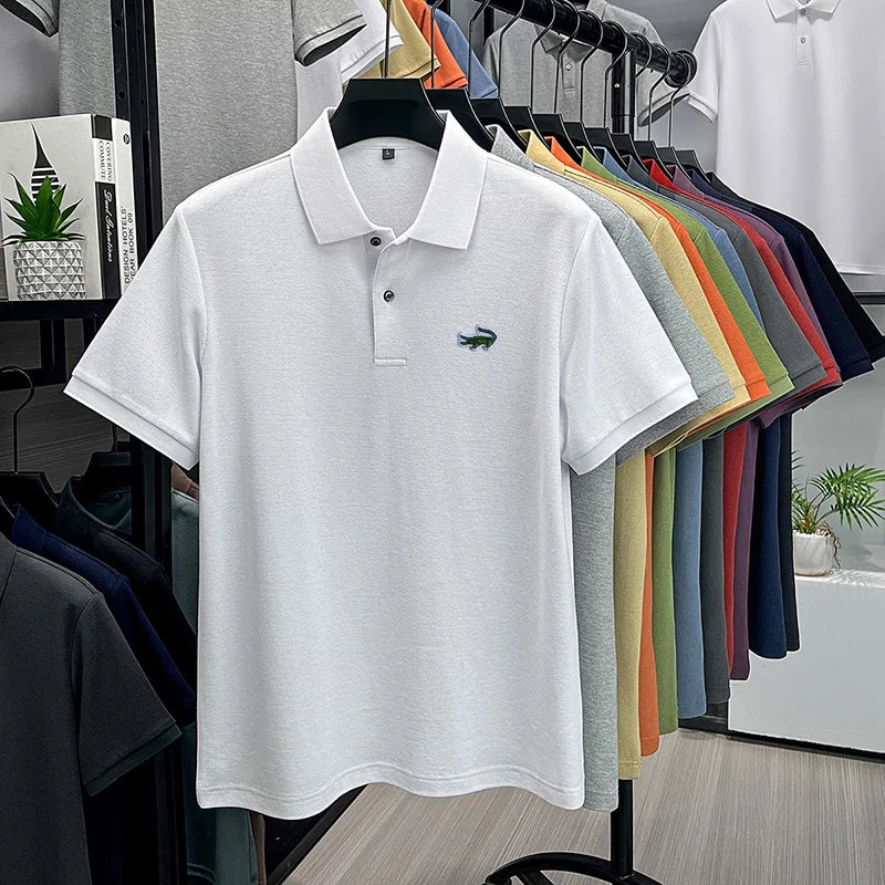 100% Cotton High-End Men New Short-Sleeved Polo Shirt Lapel Button Embroidery British Style Fashion Snug Hot-Selling Men's Wear