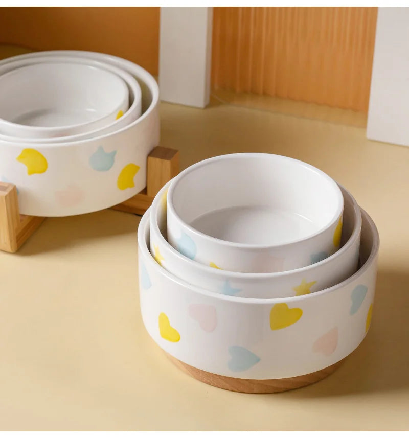 Ceramics Dog Bowl with Wood Mat Wide Mouth Feeding Bowls Food and Water Pet Feeder for Cat Puppy Protecting Cervical Spine