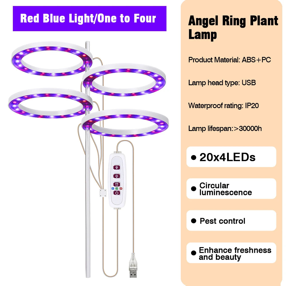 LED Grow Light Full Spectrum with UV IR Angel Ring Phytolamp DC5V USB for Indoor Grow Tent Planting