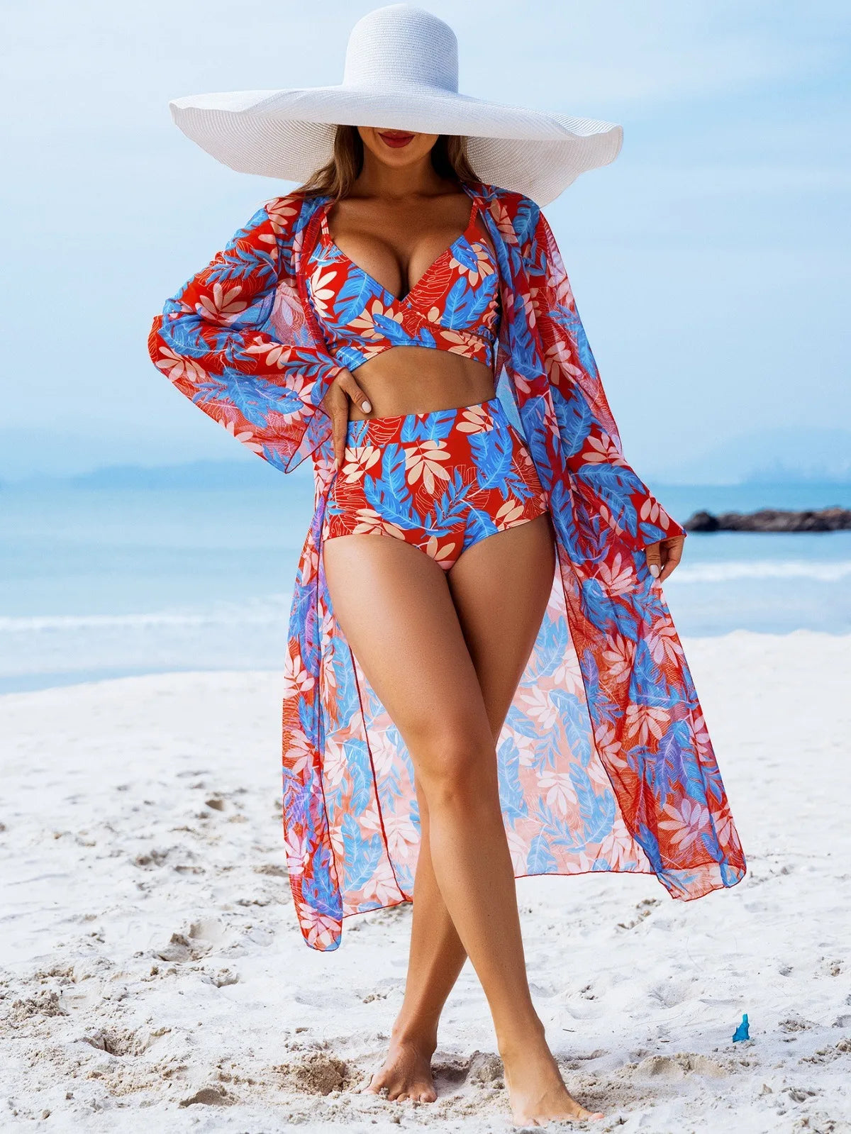 Women 3 Pieces Underwire Floral Bikini Set V Neck High Waist Swimsuit With Long Sleeve Kimono Cover Up Beach Bathing Suit