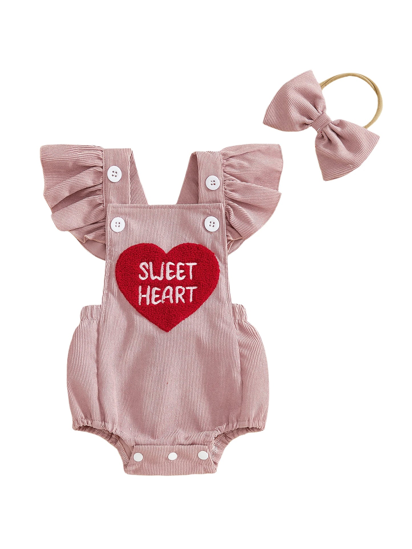 Baby Girl Valentines Outfit Letter Love Heart Embroidered Ruffled Trim Flying Sleeve Romper and Bow Headband 2 Pcs Set