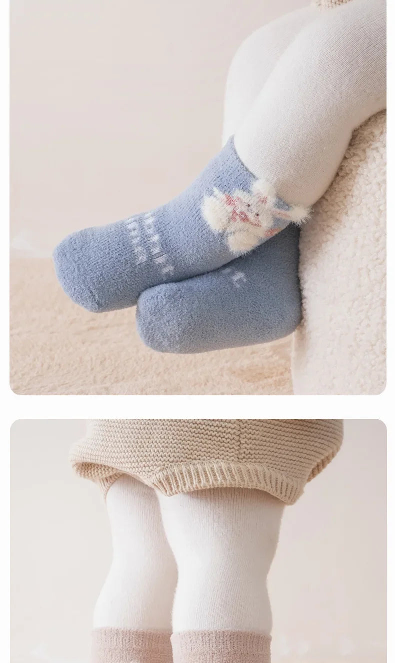 3/5 Pairs Cute Cartoon Newborn Girls Socks Winter Warm Mid Calf Toddler Socks Soft Thickened Socks for Infant Toddler Girls