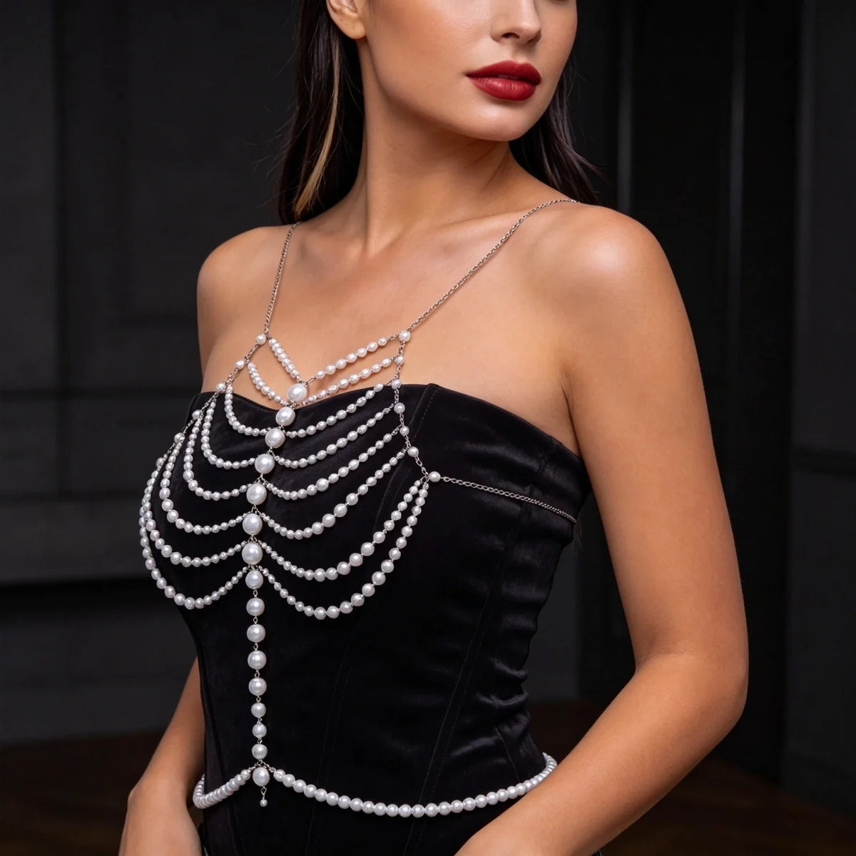 Elegant Simulated Pearl Beaded Halter Waist Chest Chain For Women Summer Beach Club Party Pearl Beads Body Chain Body Jewelry