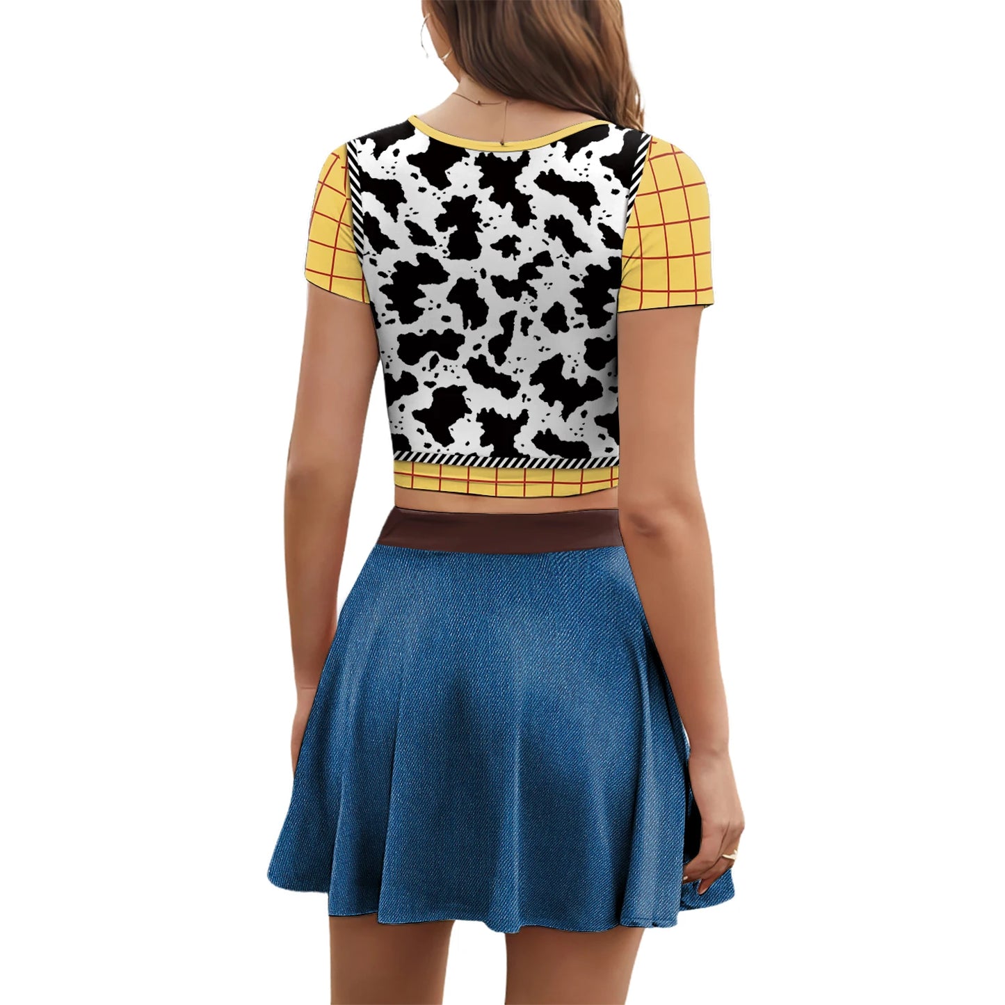 Halloween Woody Cosplay Costume For Women Movie Character Print Skirt Set Summer Short Sleeve Crop Top Party Performance Outfits