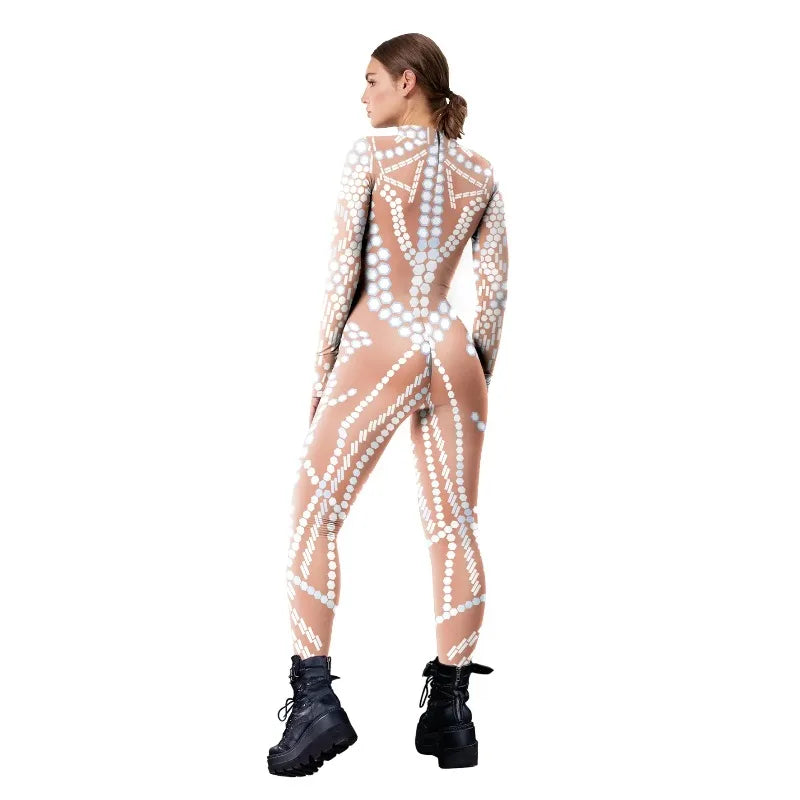 Halloween Cosplay Costume Shiny Sexy Lace Sequins Pattern 3D Printed Slim Bodysuit Theme Party Role Playing Jumpsuit for Women