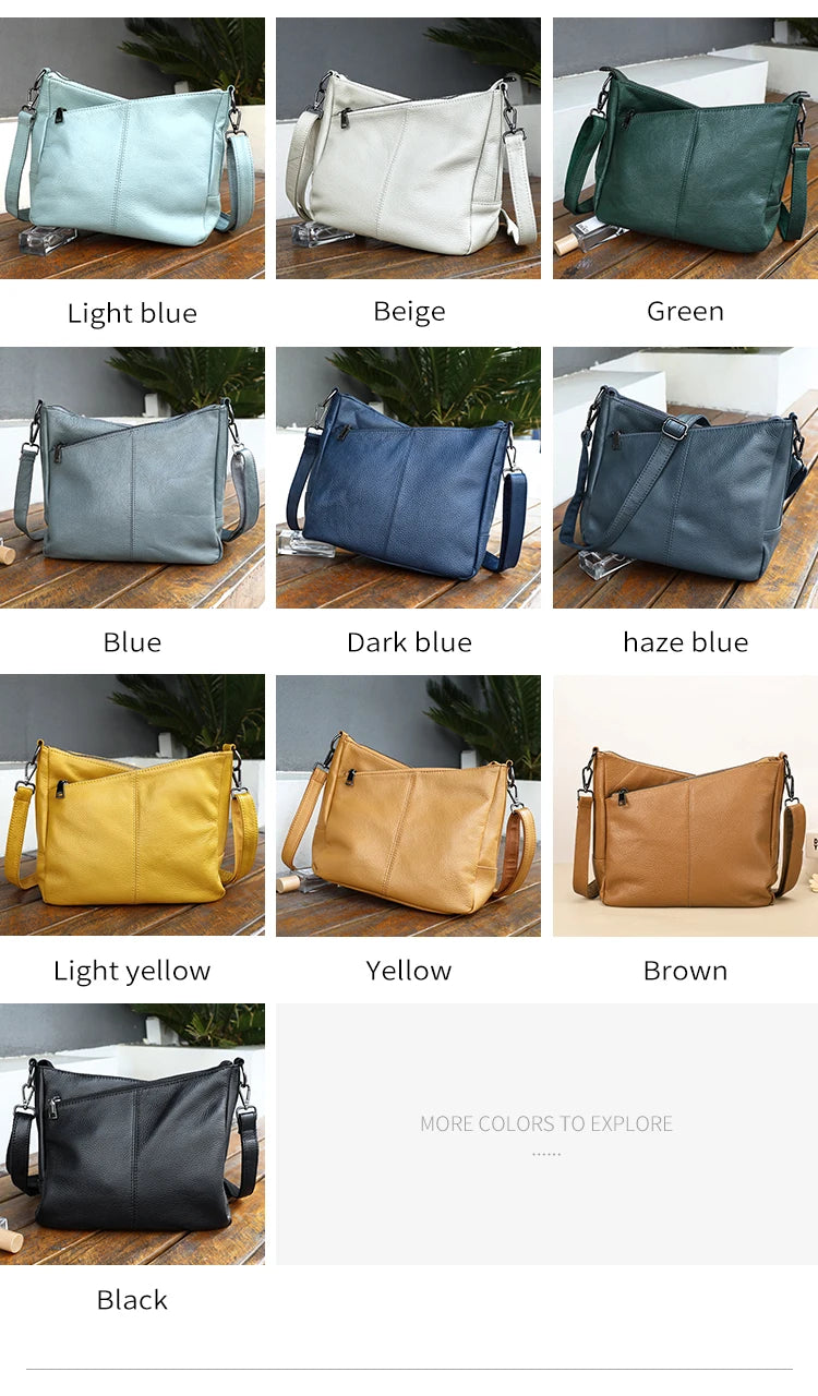 Women Full Grain Cow Leather Hobo Bag With Two Straps Multi Color Large Capacity Shoulder Crossbody Handbag