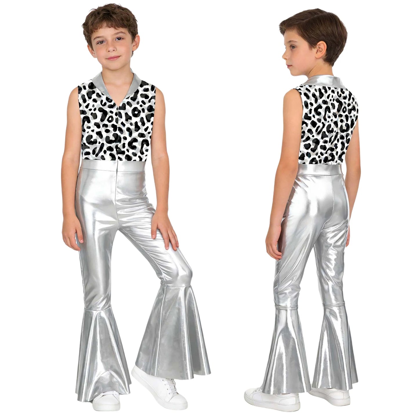 Children Boys 70-80s Disco Hippie Cowboy Costume Metallic Shiny Zipper Bell-bottom Jumpsuit for Halloween Carnival Cosplay Party