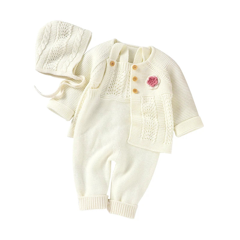 Baby Romper Set Knit Autumn Newborn Girl Boy Long Sleeve Coat Jumpsuit Outfit Hat 3PC Fashion Solid Infant Clothing Suit Sweater