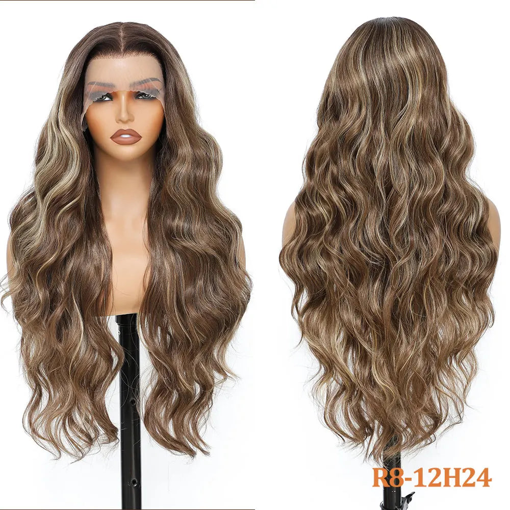 30 Inches 13x4 Body Wave Lace Front Wig Synthetic Loose Deep Wave Highlight 300 Grams Baby Hair Lace Frontal Wig For Women