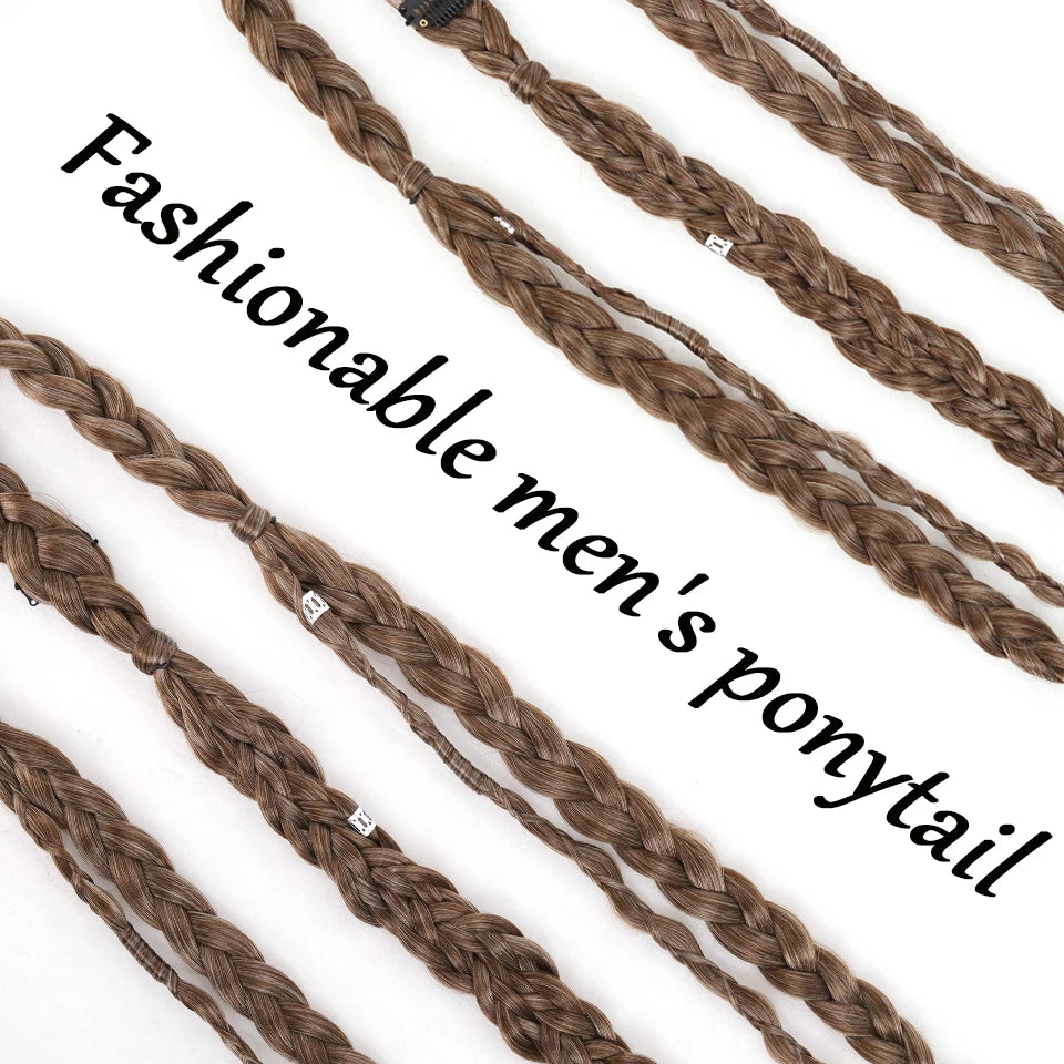 Long Braided Ponytail Extension Synthetic Twist Box Braids Pony Tail Hairpieces with Hair Ring Elastic Tie for Men Daily Party