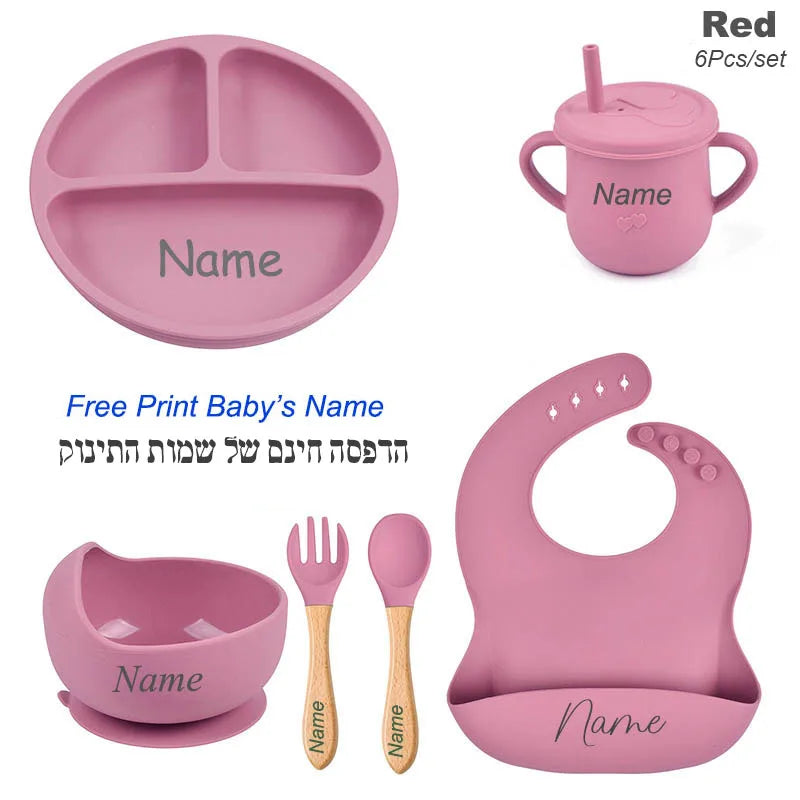 6PCS Silicone Feeding Set For Baby Personalized Name Logo Plate Bowl Customized Newborn Gift Silicone Straw Cup BPA Free