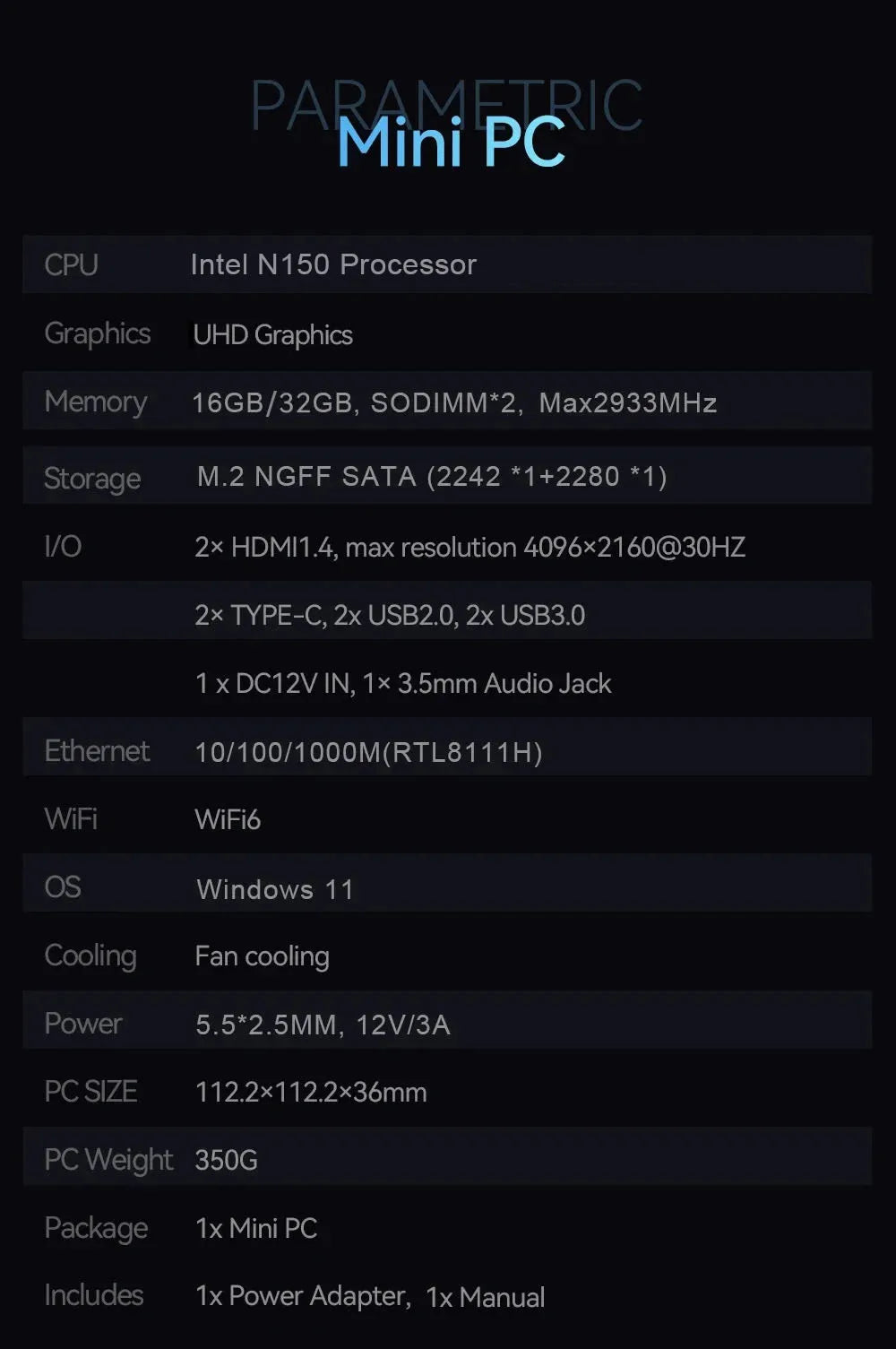 Mini PC Windows 11 Intel N150 Desktop Gaming Portable Computer PC 16GB 32GB RAM 1TB 2TB M.2 SSD MINIPC WiFi6 Office BT5.2 minipc