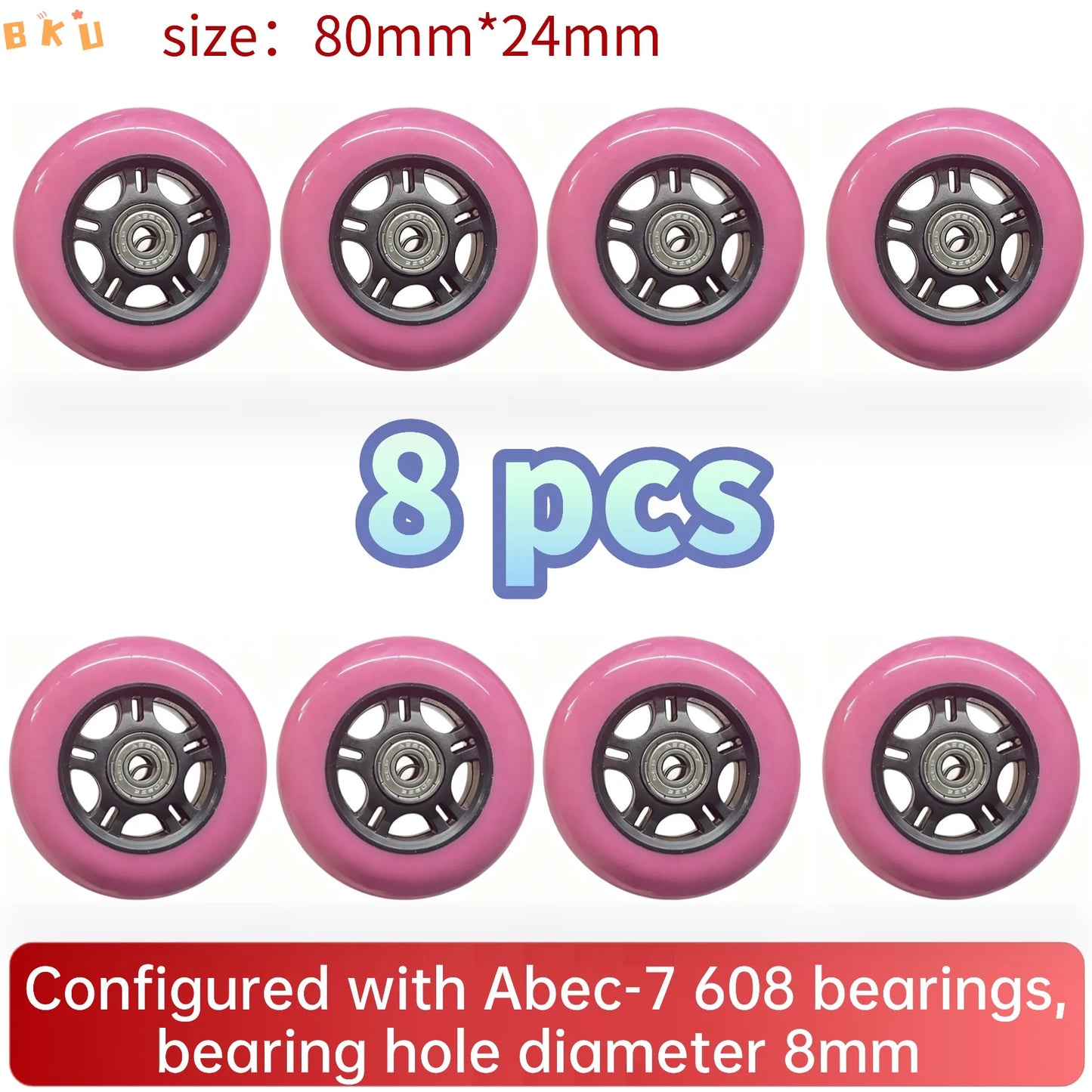 BKU 80mm PU Durable Replacement Wheels (8PCS) - Compatible with Inline Skates Scooters Strollers Suitcases