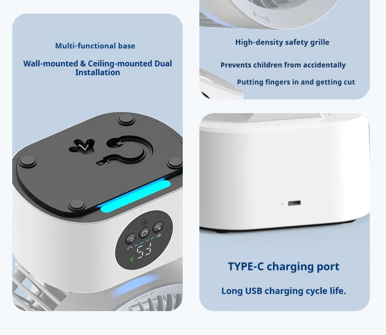 2026 New Upgrade Portable Rechargeable USB Wall Hanging Fan Remote Control Folding Shaking Head Fan With Nightlight Air