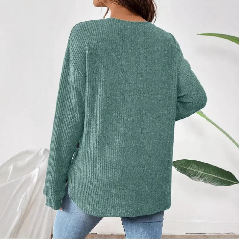 Pregnant Women's New Top For Autumn And Winter Casual Pullover Round Neck Long Sleeved Button Sweater