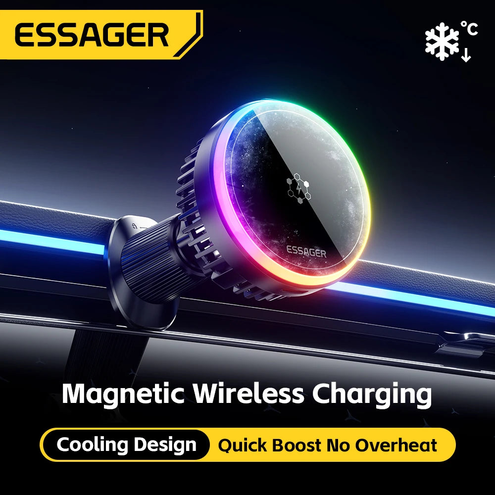 Essager Cooling Magnetic Car Wireless Charger 15W Fast Charging Station For Magsafe iPhone 16 Huawei 360° Roation Phone Holder