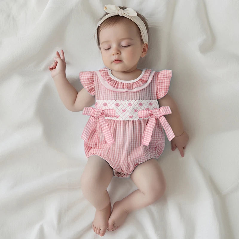 Infant Baby Girl Summer Romper Outfit Ruffle Short Sleeve Bodysuit Bow Embroidery Plaid Jumpsuit 0-18M