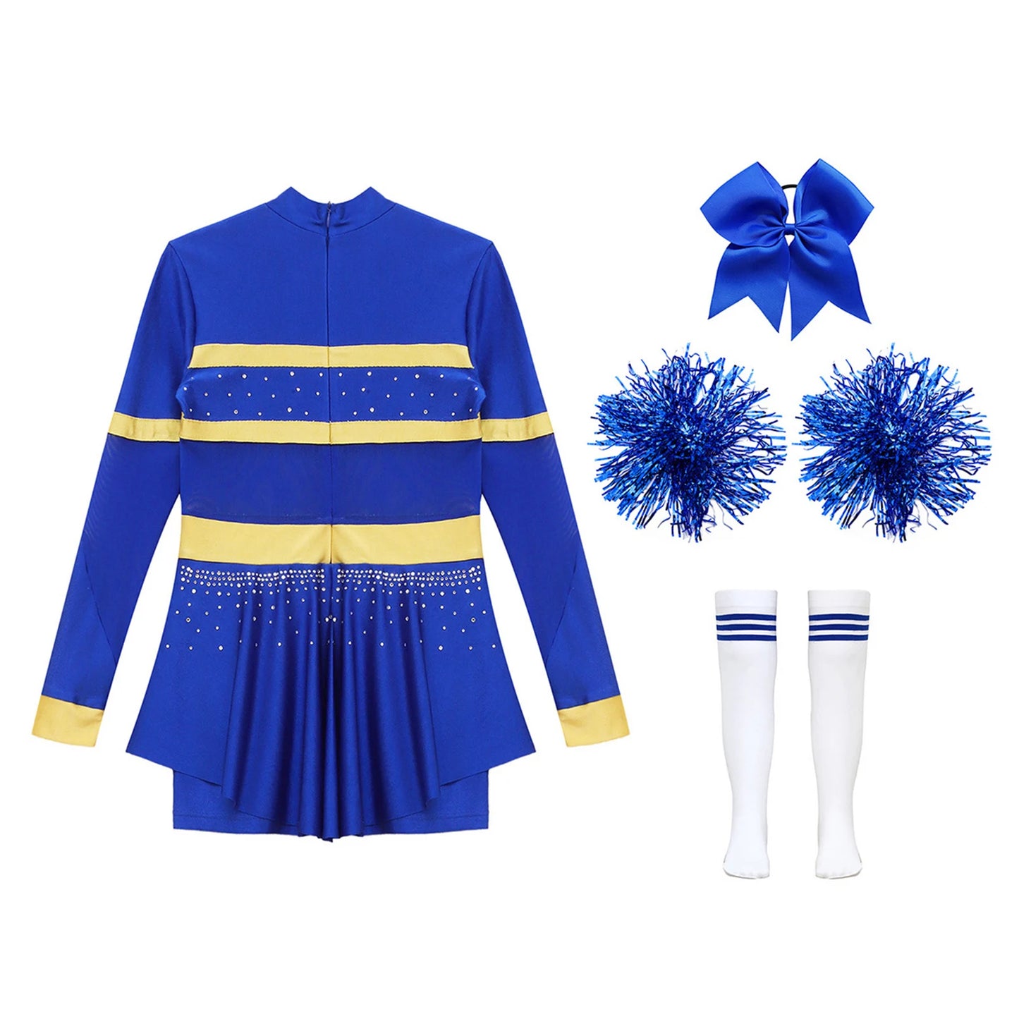 Girls Cheerleader Costume Long Sleeve Cheerleading Uniform Children Cheer Dance Dress Hand Flower Socks Stage Dancewear Sets
