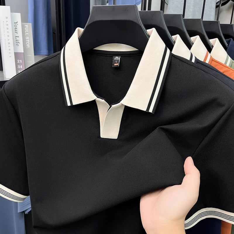 Light luxury summer new short sleeve polo shirt silky breathable high-end men's fashion personalized color blocked lapel T-shirt