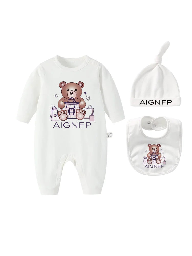 Cute Bear Jumpsuit Newborns Autumn Clothes 2025 Hot Sale New Soft Bib scarf Hat Toddler Romper Sets Baby Long sleeves Bodysuits