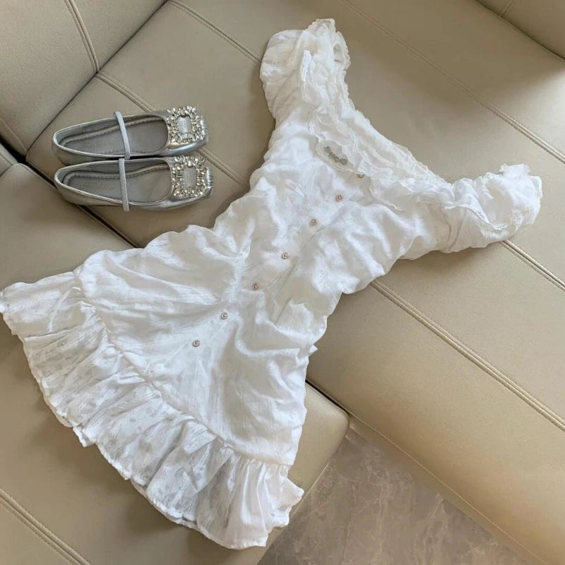 White Sweet Slim Lace Fairy Dress Women French Elegant Sexy Style Summer Dresses New Design Fashion Single-breasted Clothes 2025