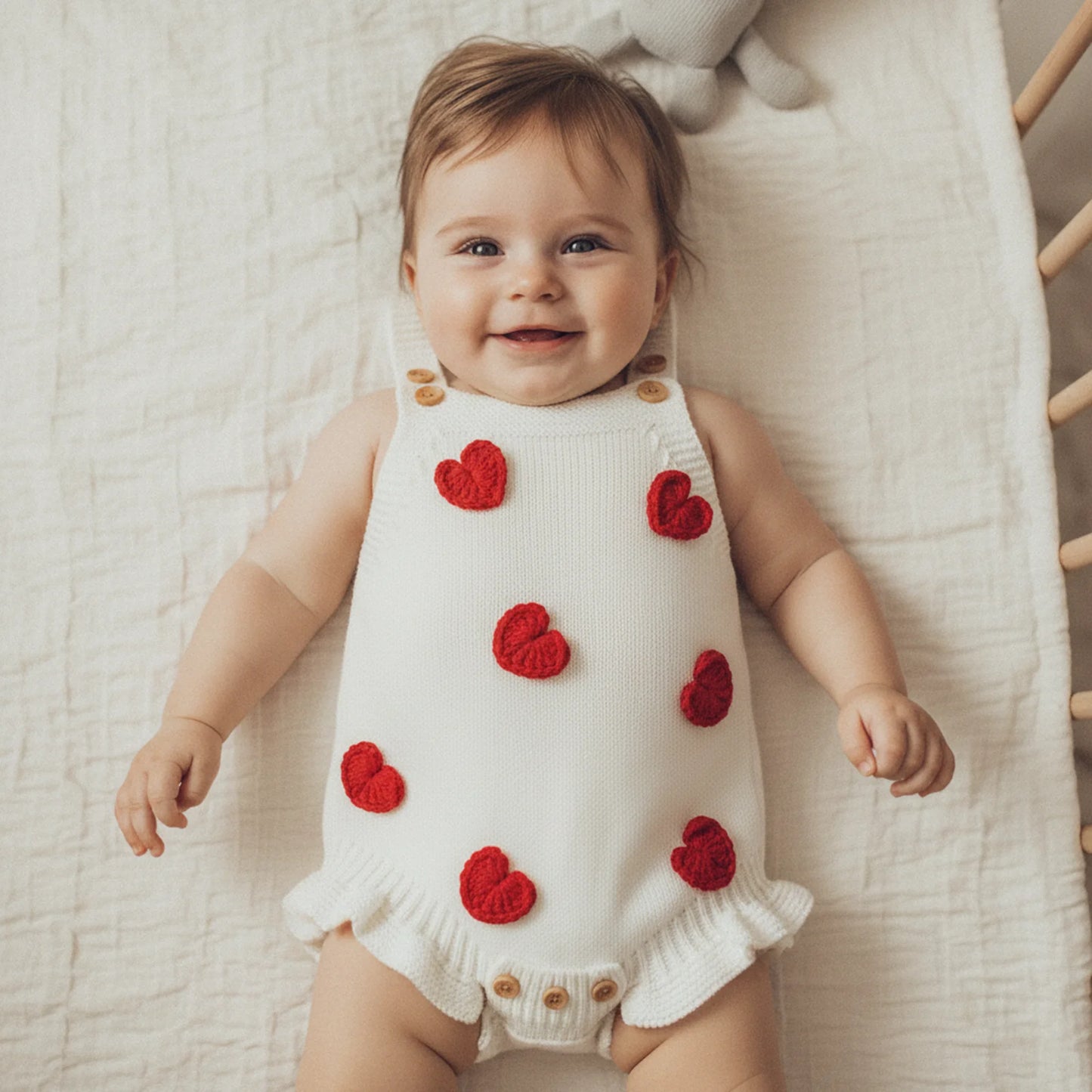 Baby Girl Valentine’s Day Romper Sleeveless Square Neck Heart Bodysuit Newborn Knit Overalls