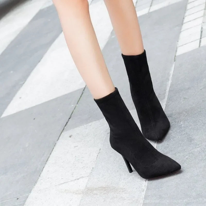2024 Women Boots Short High Heels Shoes for Women Autumn Suede Imitation Leather Ankle Boots Black Sock Women Heels Boots Female
