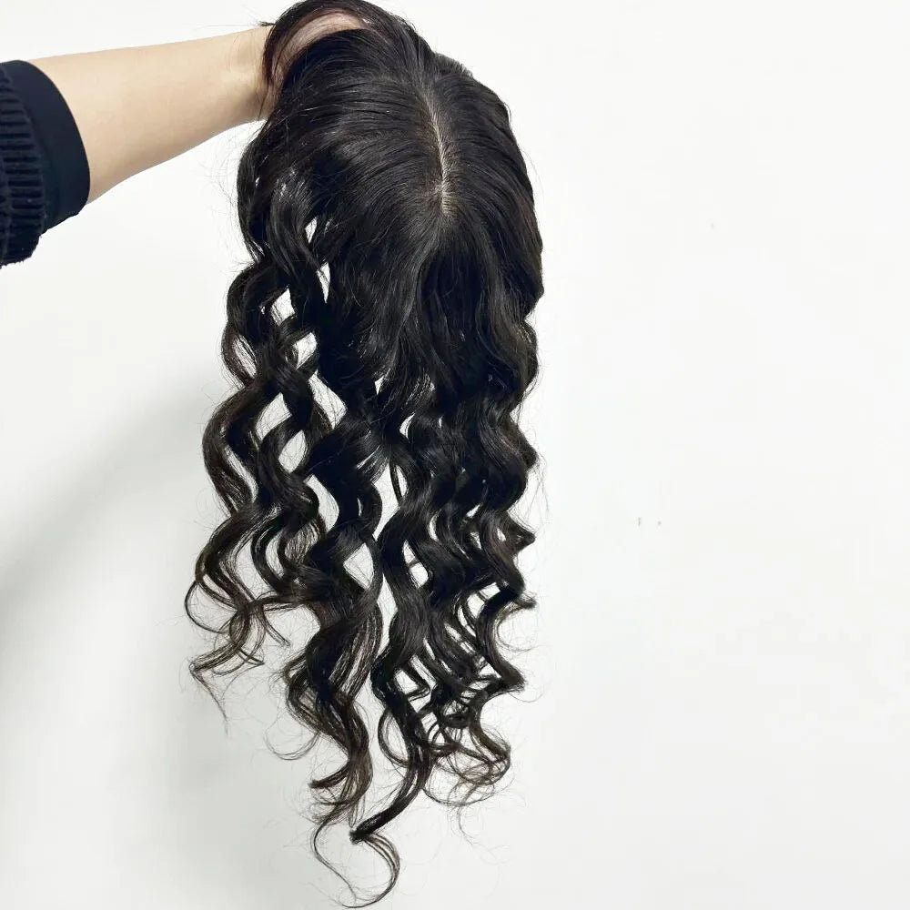 15x16cm Virgin European Human Hair Topper Hair Piece Clips in Loose Wave Silk Top Base Topper with Bangs for Thinning Hair Women