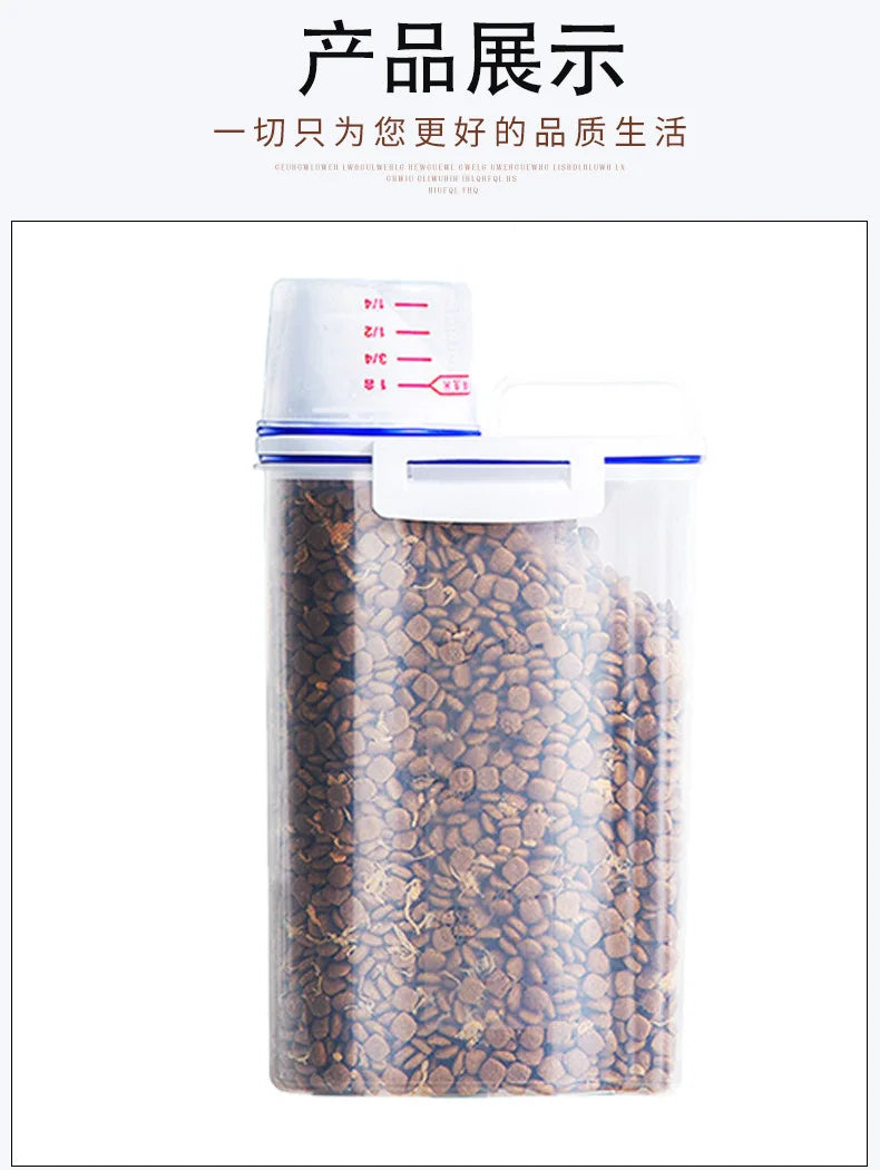 Dog Cat Food Pail Plastic Storage Tank with Measuring Cup Container Moisture-proof Sealed Jar Pet Supplies Accessories