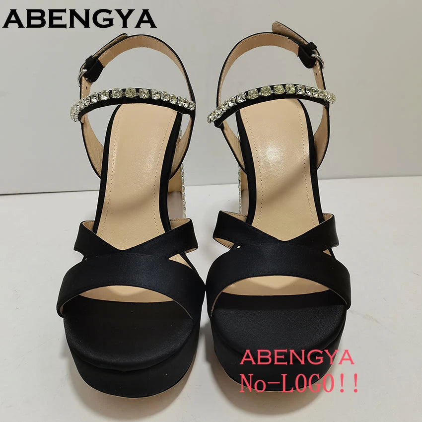 Luxury Crystal Chunky Heels Gladiator Sandals Women Sliver Leather Slingback High Heel Party Shoes Open Toe Women's Sandalias